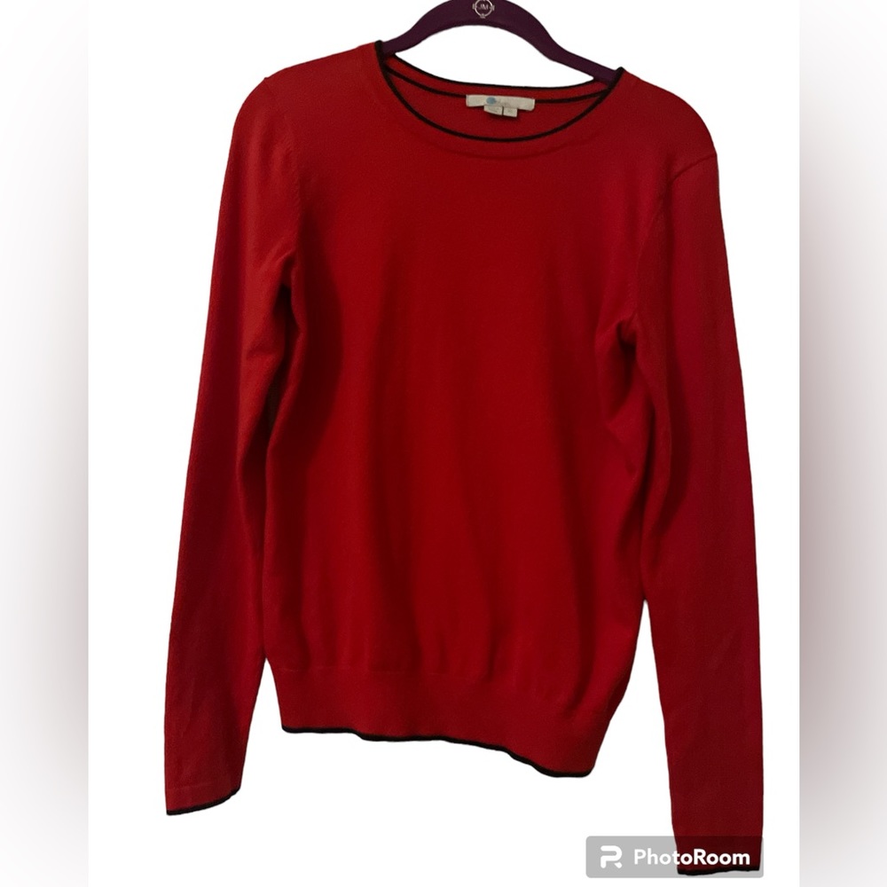 Boden size XS red pullover crew sweater with navy trim.